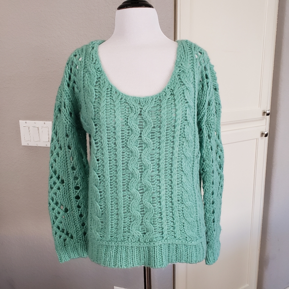 Free People Cable Knit Oversized Aqua Blue Green Crop Sweater Size Small